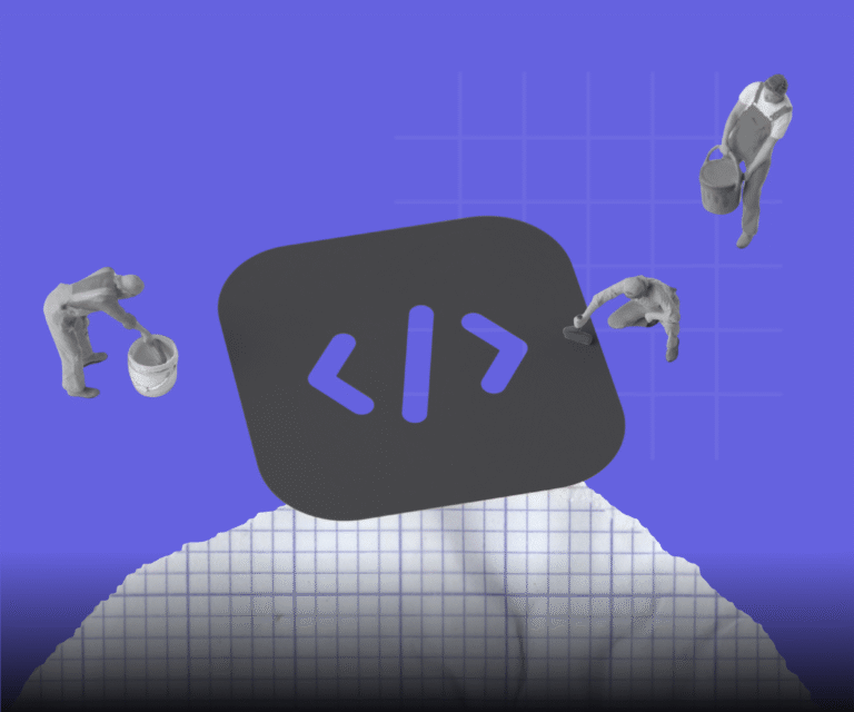 Abstract illustration of small construction figures repairing a large code symbol, representing the need to rebuild or customize software when off-the-shelf tools no longer fit a growing business.